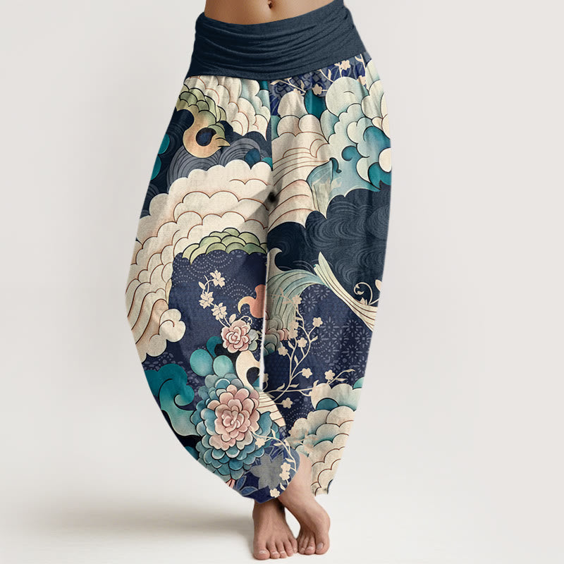 Pantalones bombachos de cintura elástica para mujer con estampado floral ondulado de algodón y Buddha Stones - Azul medianoche - US22，UK/AU26，EU54 (6XL) - image 7