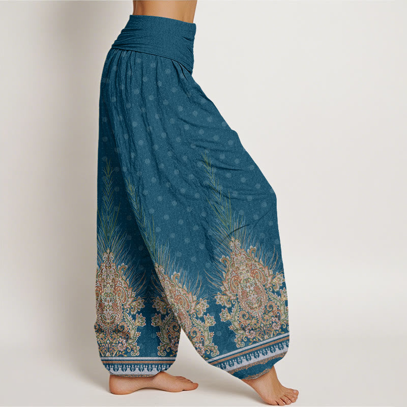 Pantalones bombachos de cintura elástica para mujer con estampado étnico floral de pavo real y Buddha Stones, de algodón. - image 2