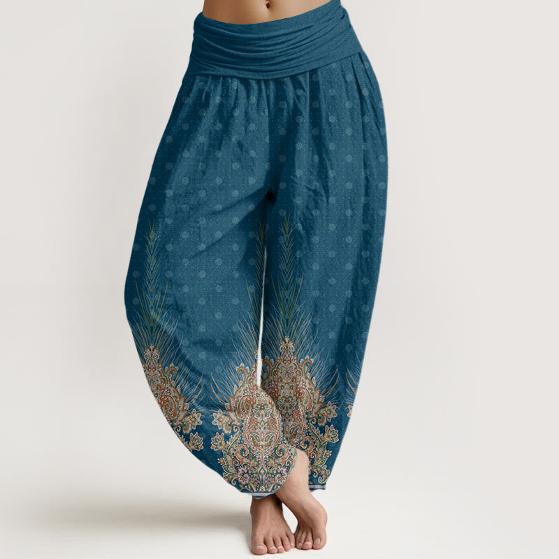 Pantalones bombachos de cintura elástica para mujer con estampado étnico floral de pavo real y Buddha Stones, de algodón. - Verde azulado - US22，UK/AU26，EU54 (6XL) - image 0