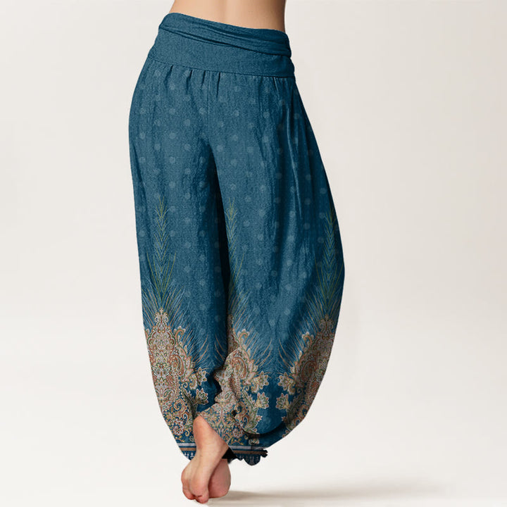 Pantalones bombachos de cintura elástica para mujer con estampado étnico floral de pavo real y Buddha Stones, de algodón. - image 1