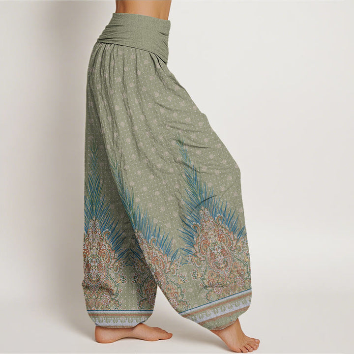 Pantalones bombachos de cintura elástica para mujer con estampado étnico floral de pavo real y Buddha Stones, de algodón. - image 6