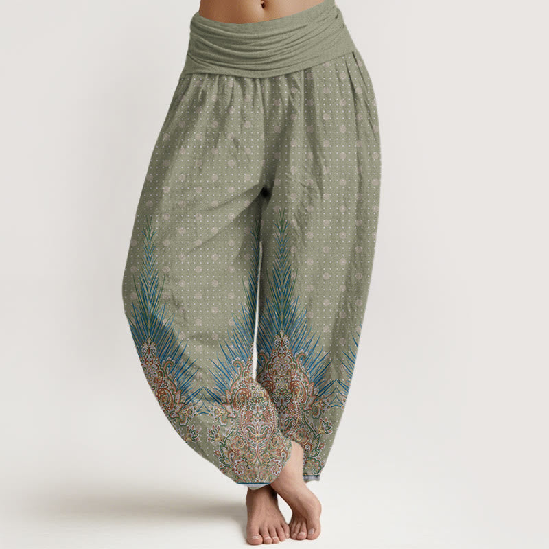 Pantalones bombachos de cintura elástica para mujer con estampado étnico floral de pavo real y Buddha Stones, de algodón. - Verde mar oscuro - US22，UK/AU26，EU54 (6XL) - image 4