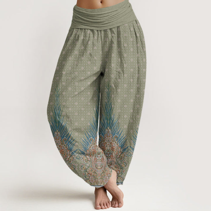 Pantalones bombachos de cintura elástica para mujer con estampado étnico floral de pavo real y Buddha Stones, de algodón. - Verde mar oscuro - US22，UK/AU26，EU54 (6XL) - image 4