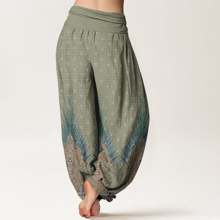 Pantalones bombachos de cintura elástica para mujer con estampado étnico floral de pavo real y Buddha Stones, de algodón. - image 5