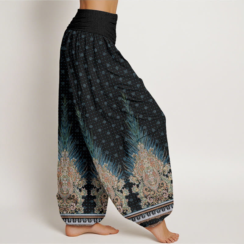 Pantalones bombachos de cintura elástica para mujer con estampado étnico floral de pavo real y Buddha Stones, de algodón. - image 9
