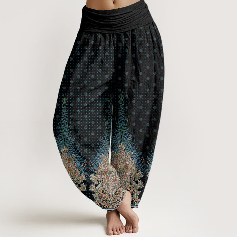 Pantalones bombachos de cintura elástica para mujer con estampado étnico floral de pavo real y Buddha Stones, de algodón. - Negro - US22，UK/AU26，EU54 (6XL) - image 7