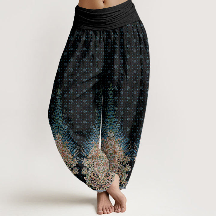 Pantalones bombachos de cintura elástica para mujer con estampado étnico floral de pavo real y Buddha Stones, de algodón. - Negro - US22，UK/AU26，EU54 (6XL) - image 7