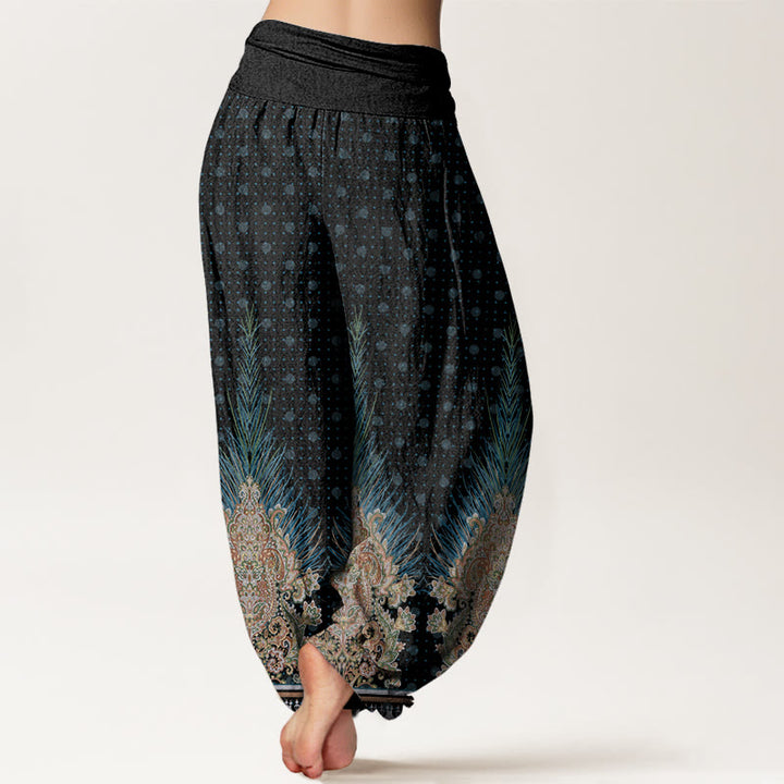 Pantalones bombachos de cintura elástica para mujer con estampado étnico floral de pavo real y Buddha Stones, de algodón. - image 8