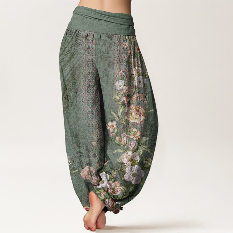 Pantalones bombachos de cintura elástica para mujer con estampado étnico floral y de tótems étnicos de algodón con Buddha Stones - image 1
