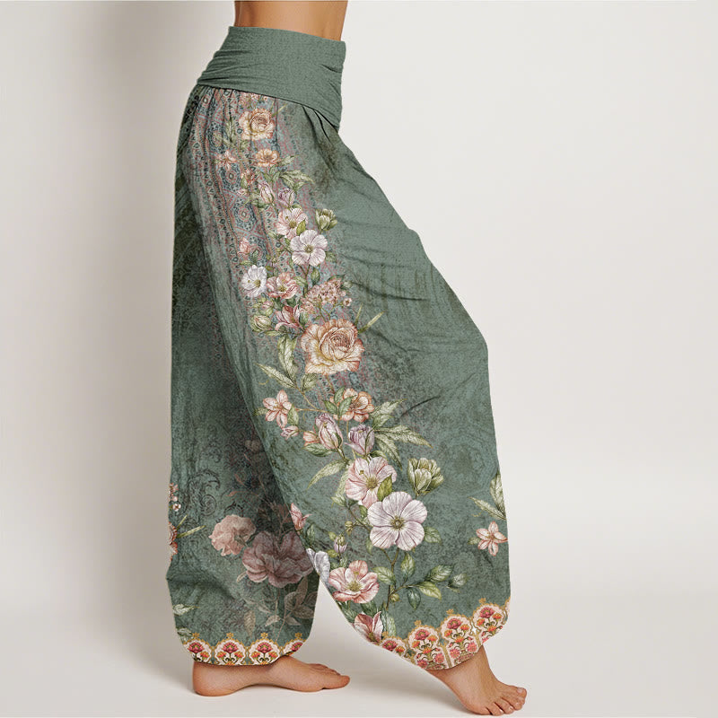 Pantalones bombachos de cintura elástica para mujer con estampado étnico floral y de tótems étnicos de algodón con Buddha Stones - image 2