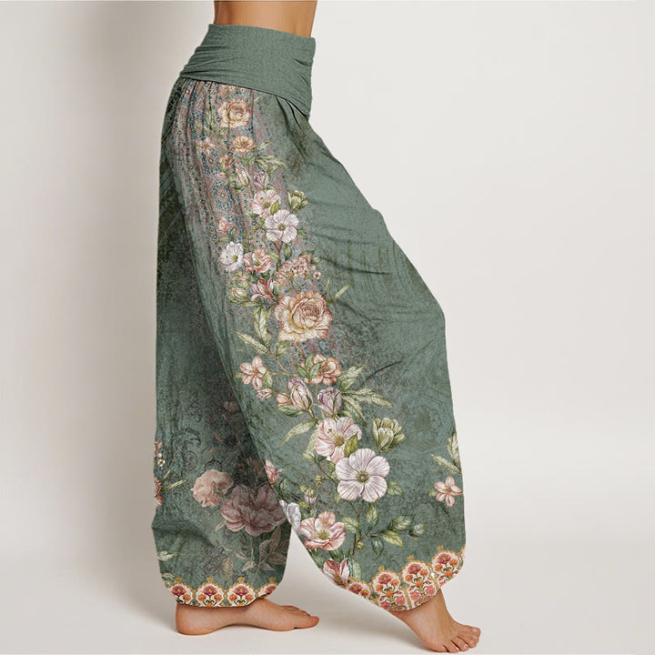 Pantalones bombachos de cintura elástica para mujer con estampado étnico floral y de tótems étnicos de algodón con Buddha Stones - image 2