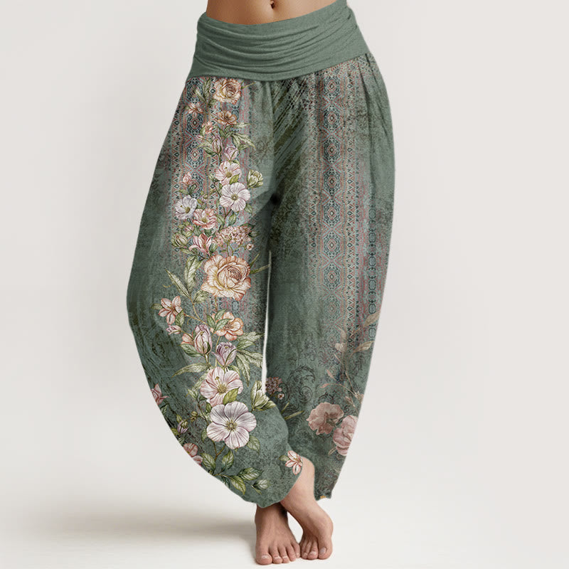 Pantalones bombachos de cintura elástica para mujer con estampado étnico floral y de tótems étnicos de algodón con Buddha Stones - Verde mar medio - US22，UK/AU26，EU54 (6XL) - image 0