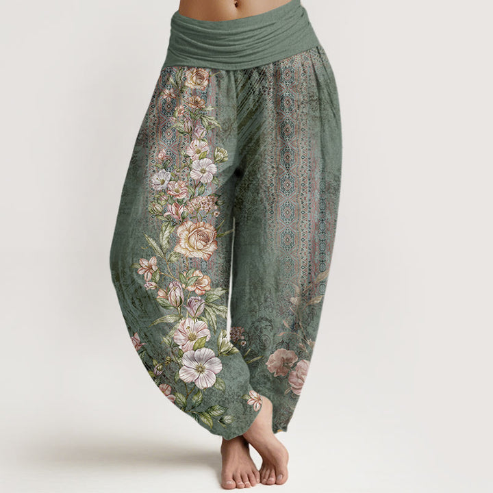 Pantalones bombachos de cintura elástica para mujer con estampado étnico floral y de tótems étnicos de algodón con Buddha Stones - Verde mar medio - US22，UK/AU26，EU54 (6XL) - image 0