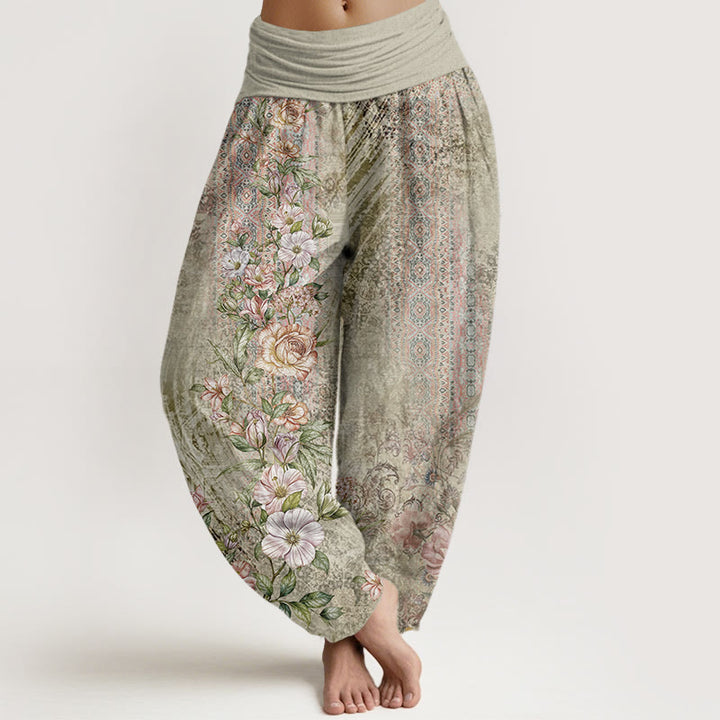 Pantalones bombachos de cintura elástica para mujer con estampado étnico floral y de tótems étnicos de algodón con Buddha Stones - Verde mar oscuro - US22，UK/AU26，EU54 (6XL) - image 4