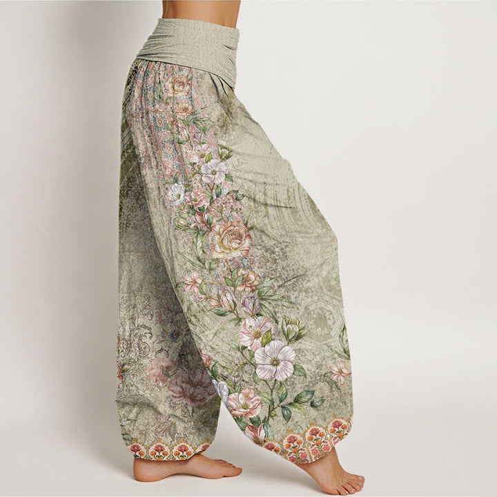 Pantalones bombachos de cintura elástica para mujer con estampado étnico floral y de tótems étnicos de algodón con Buddha Stones - image 6