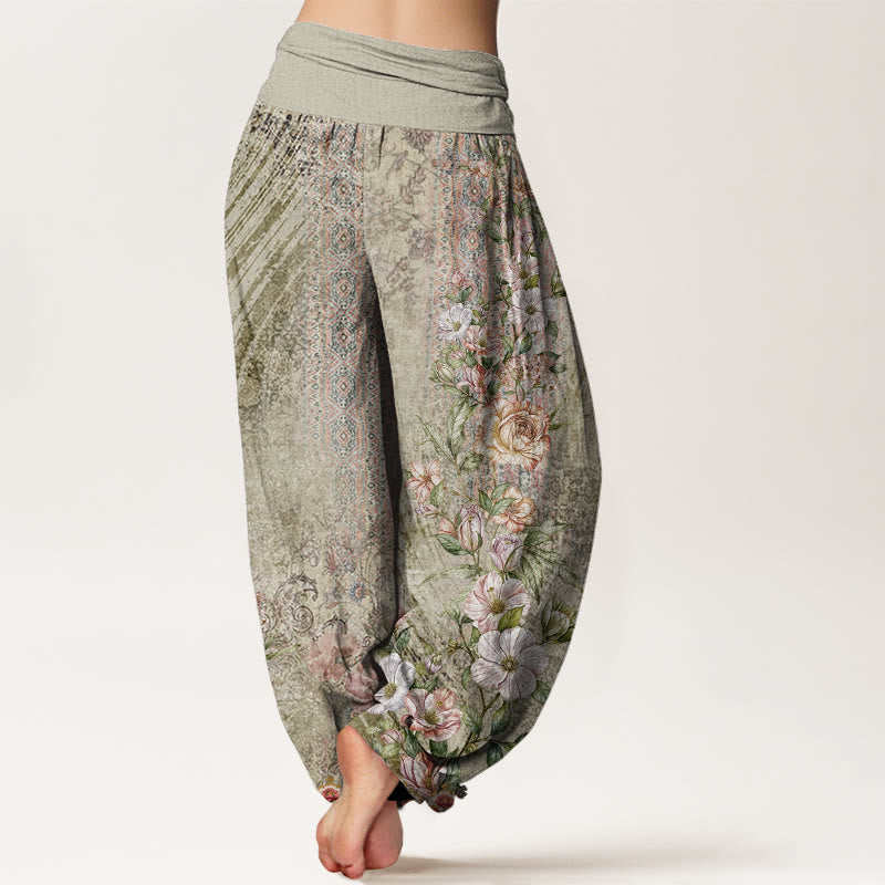 Pantalones bombachos de cintura elástica para mujer con estampado étnico floral y de tótems étnicos de algodón con Buddha Stones - image 5