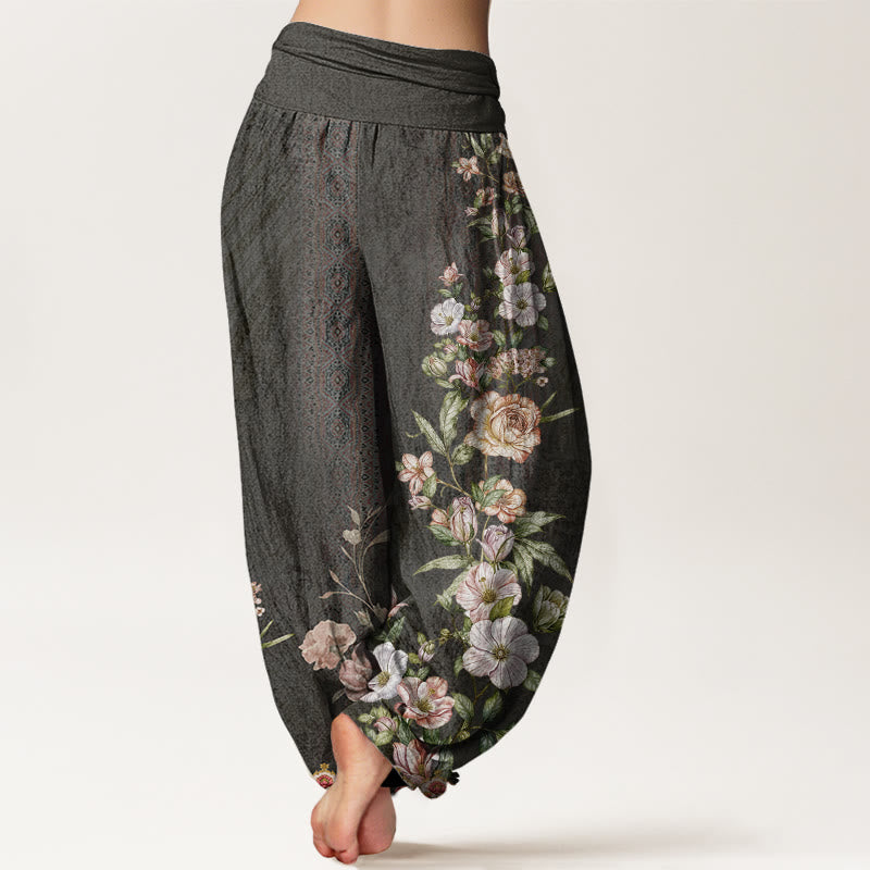 Pantalones bombachos de cintura elástica para mujer con estampado étnico floral y de tótems étnicos de algodón con Buddha Stones - image 8