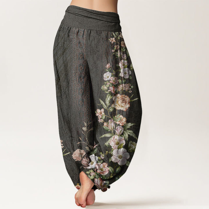 Pantalones bombachos de cintura elástica para mujer con estampado étnico floral y de tótems étnicos de algodón con Buddha Stones - image 8