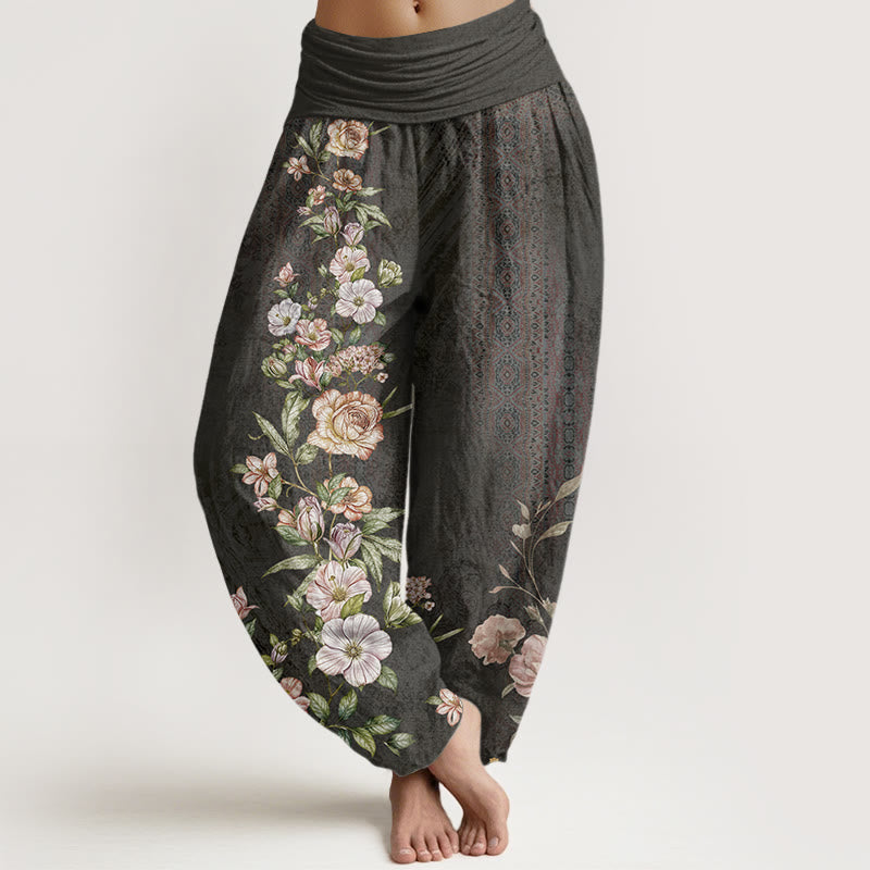 Pantalones bombachos de cintura elástica para mujer con estampado étnico floral y de tótems étnicos de algodón con Buddha Stones - Negro - US22，UK/AU26，EU54 (6XL) - image 7
