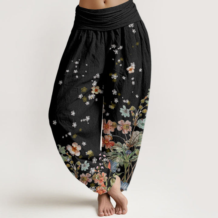 Pantalones bombachos de mujer con cintura elástica, de algodón con estampado de flores y piedras de Buddha Stones. - Negro - US22，UK/AU26，EU54 (6XL) - image 0
