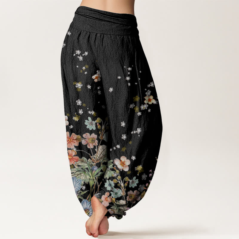 Pantalones bombachos de mujer con cintura elástica, de algodón con estampado de flores y piedras de Buddha Stones. - image 1