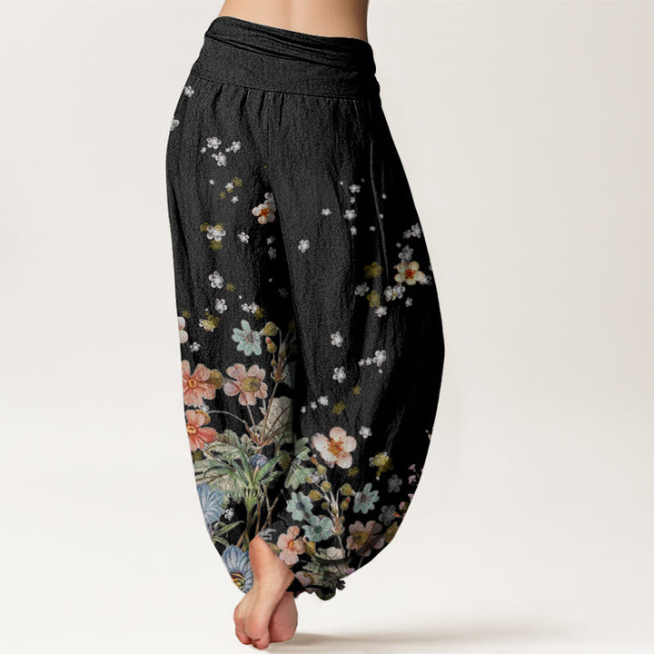 Pantalones bombachos de mujer con cintura elástica, de algodón con estampado de flores y piedras de Buddha Stones. - image 1