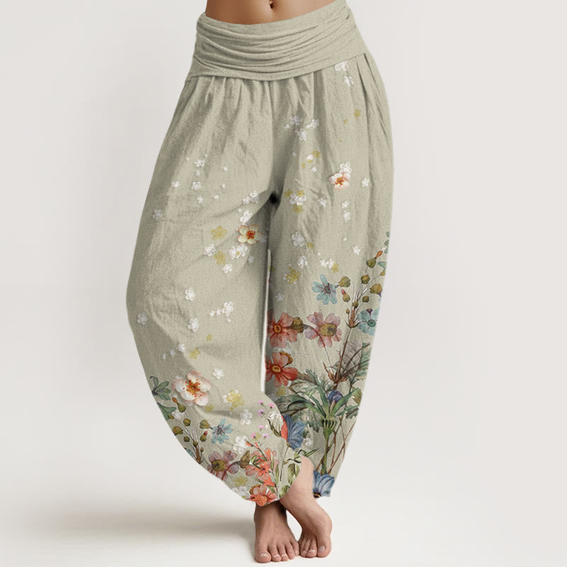 Pantalones bombachos de mujer con cintura elástica, de algodón con estampado de flores y piedras de Buddha Stones. - Verde mar oscuro - US22，UK/AU26，EU54 (6XL) - image 4
