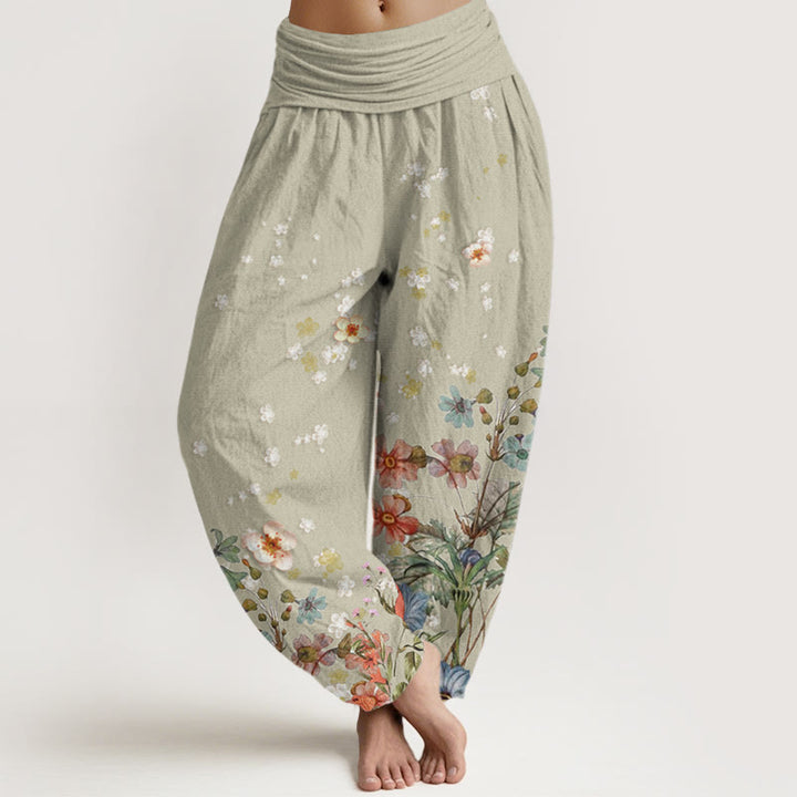 Pantalones bombachos de mujer con cintura elástica, de algodón con estampado de flores y piedras de Buddha Stones. - Verde mar oscuro - US22，UK/AU26，EU54 (6XL) - image 4