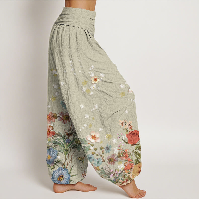 Pantalones bombachos de mujer con cintura elástica, de algodón con estampado de flores y piedras de Buddha Stones. - image 6
