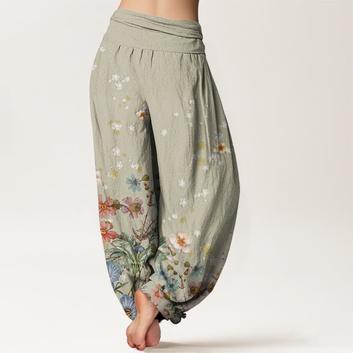 Pantalones bombachos de mujer con cintura elástica, de algodón con estampado de flores y piedras de Buddha Stones. - image 5