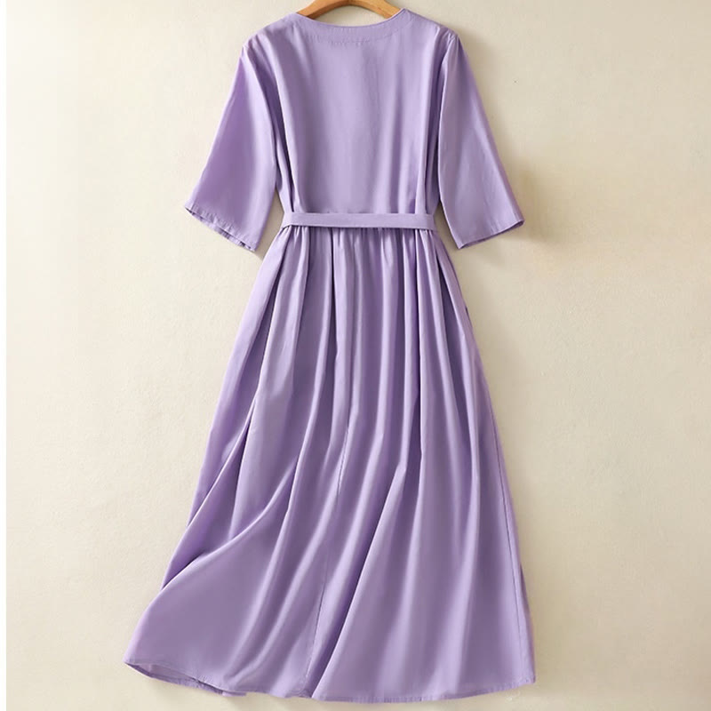 Vestido midi de lino y algodón con cuello en V, media manga y bolsillos, bordado de orquídeas de verano con Buddha Stones - image 1