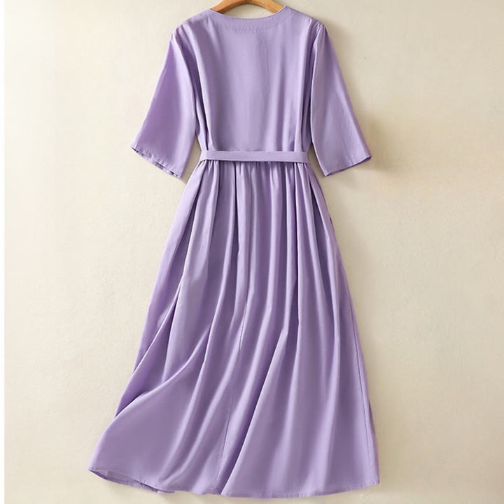 Vestido midi de lino y algodón con cuello en V, media manga y bolsillos, bordado de orquídeas de verano con Buddha Stones - image 1