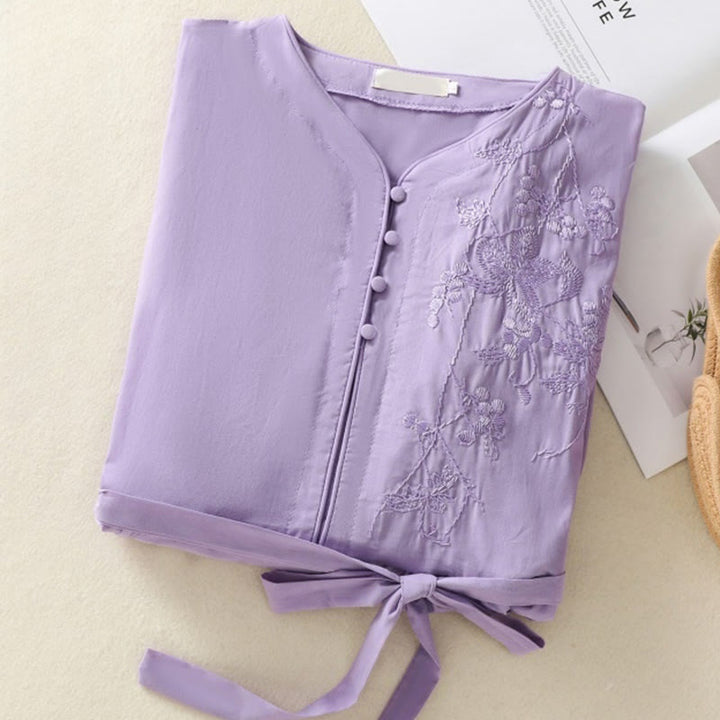 Vestido midi de lino y algodón con cuello en V, media manga y bolsillos, bordado de orquídeas de verano con Buddha Stones - image 2