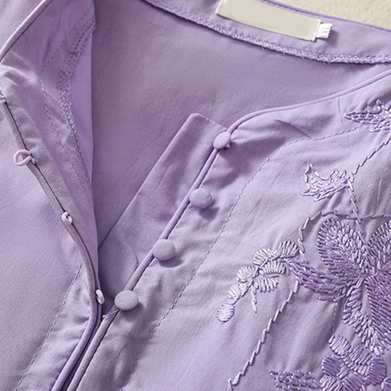 Vestido midi de lino y algodón con cuello en V, media manga y bolsillos, bordado de orquídeas de verano con Buddha Stones - image 4