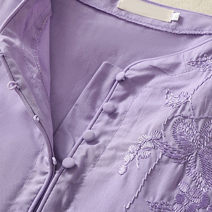 Vestido midi de lino y algodón con cuello en V, media manga y bolsillos, bordado de orquídeas de verano con Buddha Stones - image 4