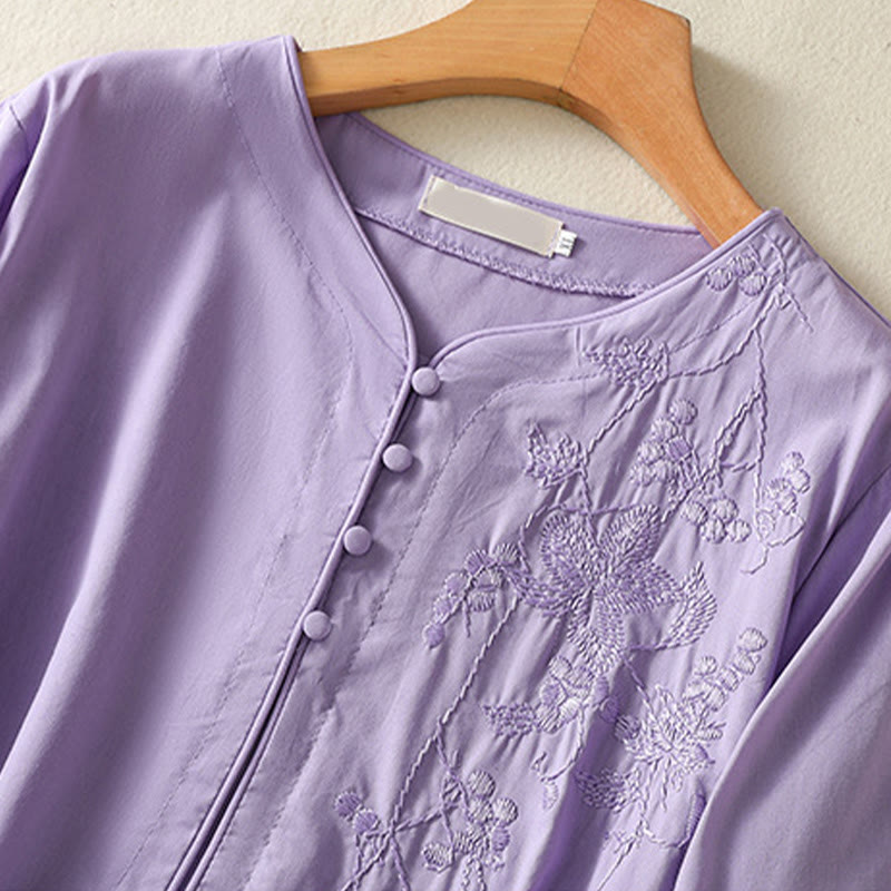 Vestido midi de lino y algodón con cuello en V, media manga y bolsillos, bordado de orquídeas de verano con Buddha Stones - image 3