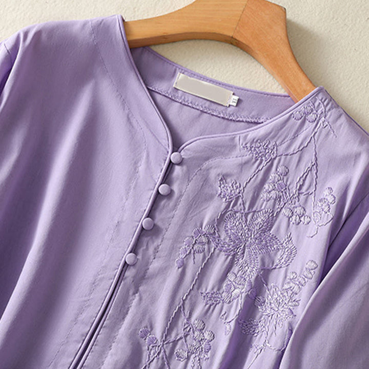 Vestido midi de lino y algodón con cuello en V, media manga y bolsillos, bordado de orquídeas de verano con Buddha Stones - image 3