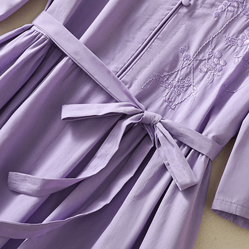 Vestido midi de lino y algodón con cuello en V, media manga y bolsillos, bordado de orquídeas de verano con Buddha Stones - image 7