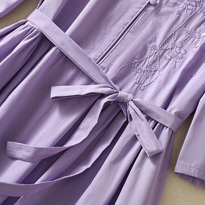 Vestido midi de lino y algodón con cuello en V, media manga y bolsillos, bordado de orquídeas de verano con Buddha Stones - image 7