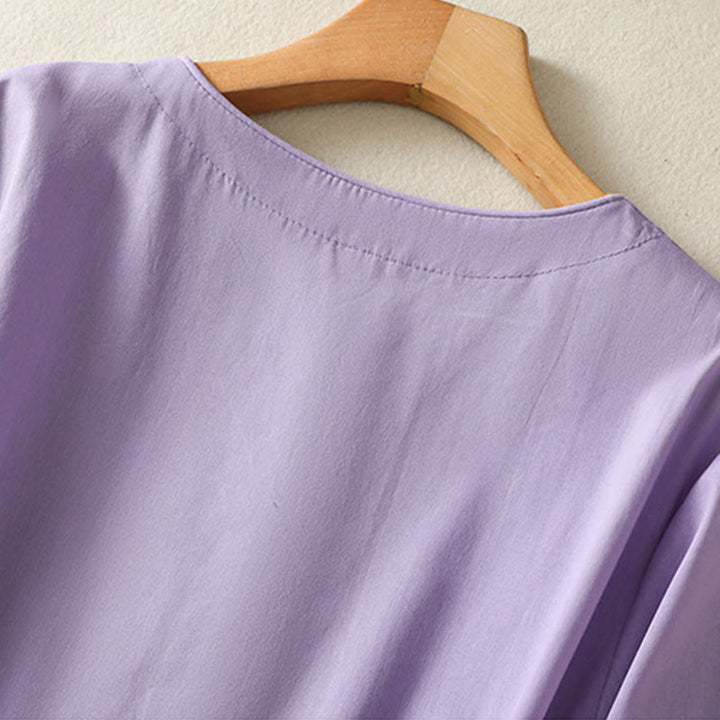 Vestido midi de lino y algodón con cuello en V, media manga y bolsillos, bordado de orquídeas de verano con Buddha Stones - image 5