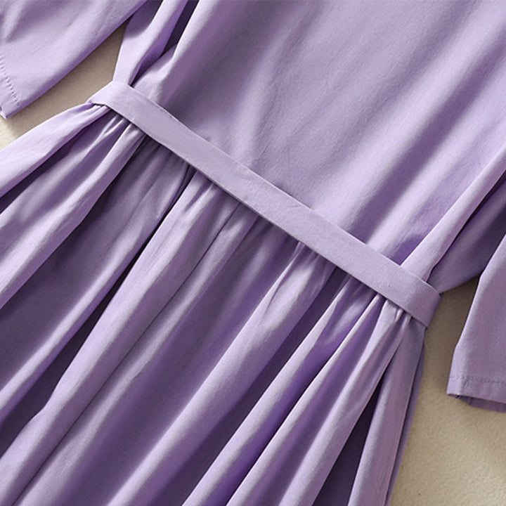 Vestido midi de lino y algodón con cuello en V, media manga y bolsillos, bordado de orquídeas de verano con Buddha Stones - image 8