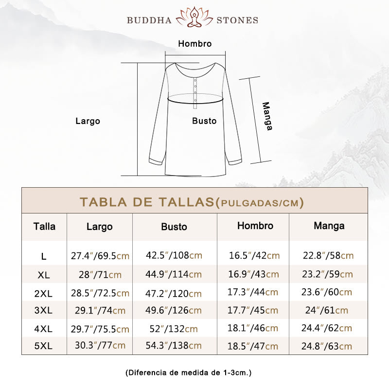 Camisa de lino y algodón con cuello redondo y manga larga plisada informal con Buddha Stones para mujer - image 4