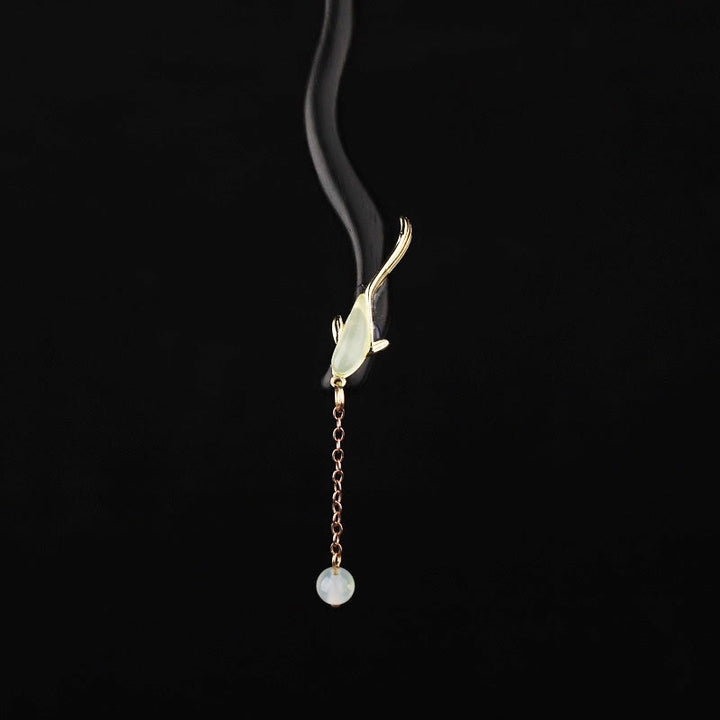 Horquilla de bendición de pez de jade hetiano de ébano con Buddha Stones