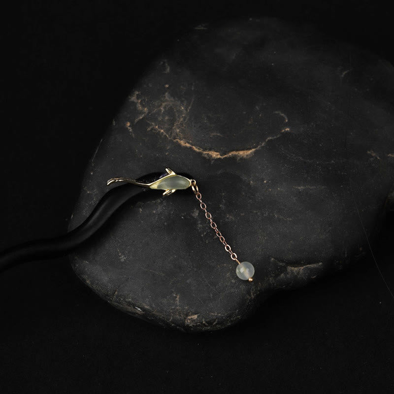Horquilla de bendición de pez de jade hetiano de ébano con Buddha Stones
