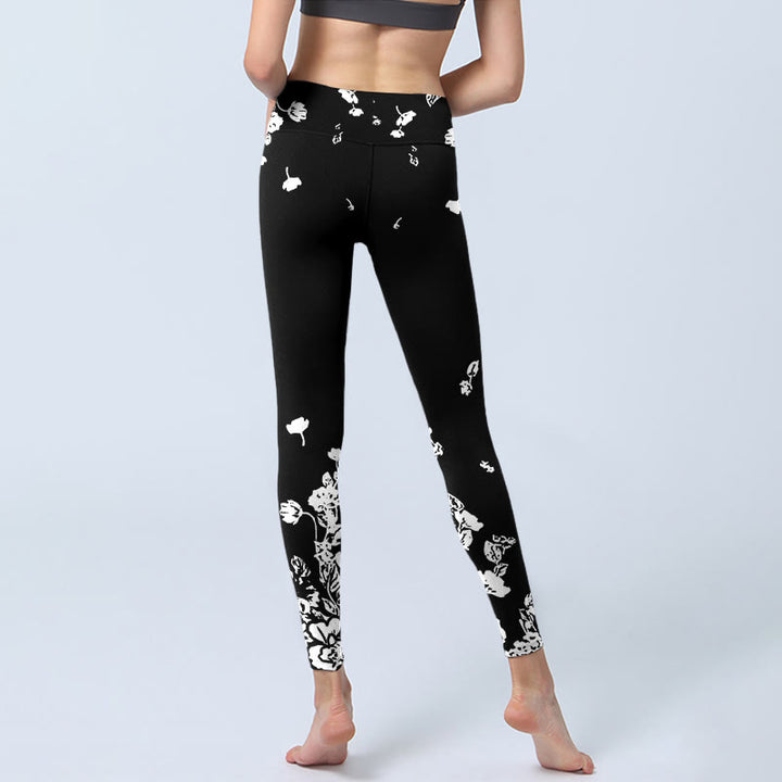 Leggings de yoga para mujer con estampado de pétalos dispersos en negro y Buddha Stones - image 7