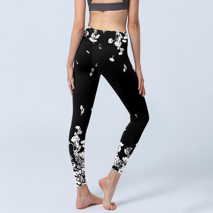 Leggings de yoga para mujer con estampado de pétalos dispersos en negro y Buddha Stones - image 3