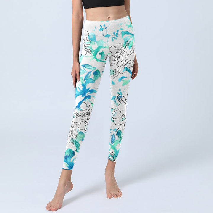 Leggings de yoga para mujer con estampado de líneas de flores de peonía en acuarela azul y Buddha Stones - image 5