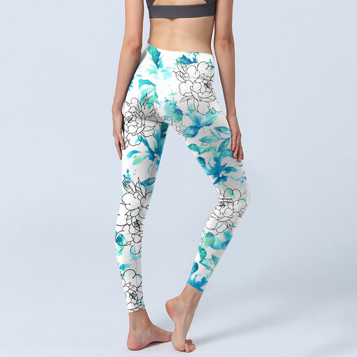 Leggings de yoga para mujer con estampado de líneas de flores de peonía en acuarela azul y Buddha Stones - image 4