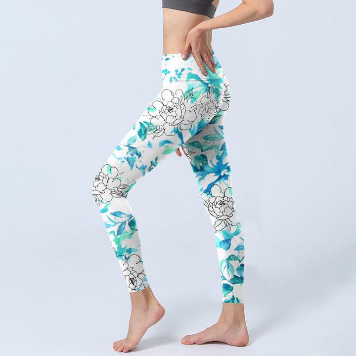 Leggings de yoga para mujer con estampado de líneas de flores de peonía en acuarela azul y Buddha Stones - image 3