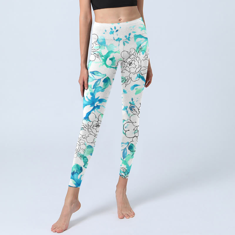 Leggings de yoga para mujer con estampado de líneas de flores de peonía en acuarela azul y Buddha Stones - image 6